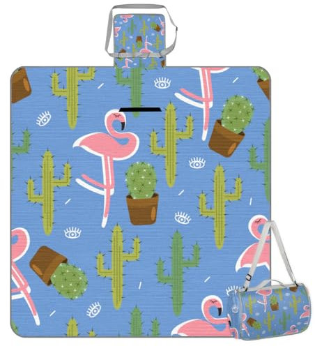 Mularoka Picknickdecke mit Kaktus-Flamingo, wasserdicht, sanddicht, faltbar, Stranddecke, 150 x 145 cm, extra groß, tragbar, waschbar, Outdoor-Matte für Camping, Park, Gras, Wandern, Reisen