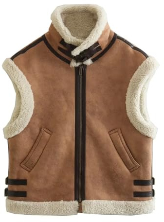 Damen Winter Warm Wildleder Vintage Weste Y2k Sherpa Leder Reißverschluss Weste Ärmellos Lammwolle Pelzmantel mit Taschen, Braun, L