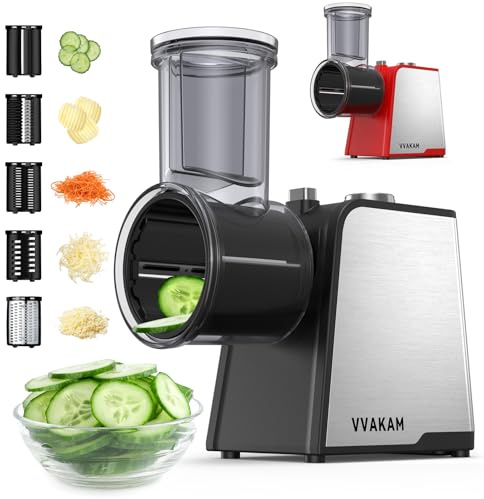 VVAKAM Electric Cheese Grater,300W DC Motor Salad Maker,Electric Slicer Shredder with 5 Different Shapes of Blades,Electric Vegetable Cutter for Potato,Carrot,Black