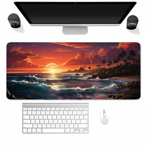 Gaming Mauspad XXL Wellen bei Sonnenuntergang Mousepad 800x300x3mm Verlängertes groß Mauspad mit vernähten Kanten Waschbares Tischunterlage für Büro, Zuhause, Tastatur