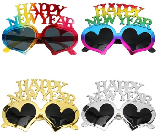 Meleager Silvester Brillen, Frohes Neues Jahr Brillen, Happy New Year Brille, Lustige Brillen Silvester, 4pcs Partybrille Silvester Herzförmig, Silvester Accessoires Foto Requisiten für Party