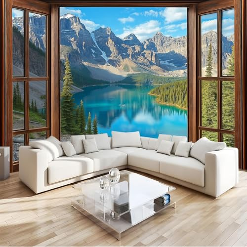 Fotomurales no Tejido Realismo Lago Morrena Montañas Rocosas 200 x 140 cm Papel Pintado Decoración de Pared moderna, Murales Póster Efecto 3D, Decorativos Murales para Dormitorio Salón TV Pared