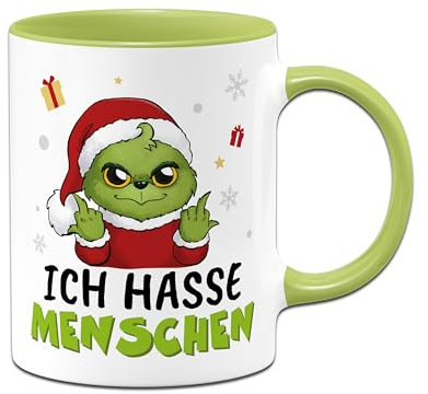 Tasse Baby Grinch - Ich hasse Menschen - Weihnachtstasse lustig, Kaffeetasse mit Spruch - Geschenk für Anti Weihnachtsmuffel an Weihnachten, Kollegin (Grün)