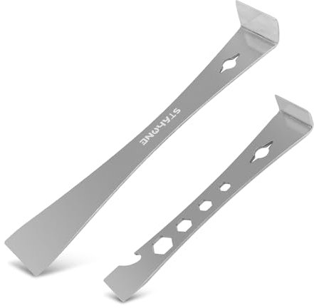 STAHONE 2-Piece Stainless Steel Pry Bar Scraper Set - 9-1/2 Flat Pry Bar and 6-11/16 Mini Crowbar with Socket Wrench, Bottle Opener, Molding, Nail Puller, Scraper and Baseboard Removal Tool