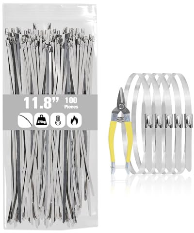 Metal Stainless Steel Zip Ties Heavy Duty for Outdoor use, 11.8 inch 100 Pack Long Metal Cable Ties Self-locking Wire Ties High Temp Zipties Chain Link fence Ties Multi Purpose Binding