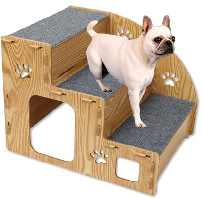 mumisuto Holz Hundetreppe für Kleine Hunde 3 Stufen, Tragbare Haustiertreppe mit Kiste & Stauraum & rutschfeste Matte, Katzentreppe für Haustiere, Welpen, Katzen, 42x35x32 cm