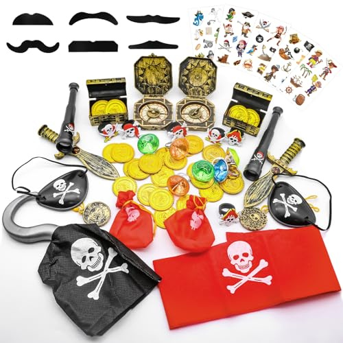KERANEET 64 Stück Piraten Kindergeburtstag Piraten Deko Kindergeburtstag Piraten Mitgebsel Kindergeburtstag Piraten Augenklappe Piraten Spielzeug für Mädchen Jungen