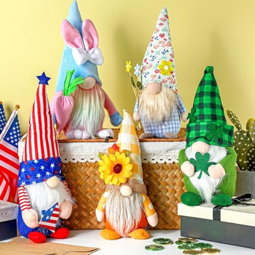 Soulchen 5 Pack Holiday Gnome Plush Elf Decorations St Patrick's Day Gnomes Sunflowers Spring Summer 4th of July Ornaments Seasonal Handmade Faceless Leprechaun Plush Tiered Tray Home Kitchen Decor