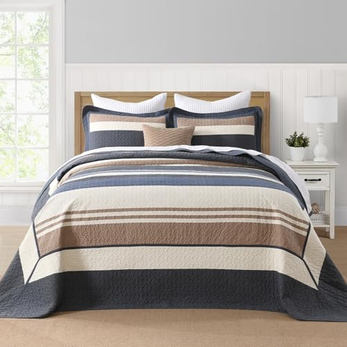 Finlonte Striped Oversized King Bedspread 120x120 - 3 Pieces 100% Cotton Lightweight Bedspread Coverlet Set, Modern Quilted Bed Spread XL Oversized King Quilt with 2 Pillowshams, Navy/Brown/Beige