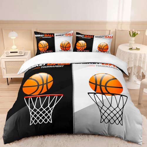AILONEN Basketball Sports Duvet Cover Set,Kids Boys Ball Sports Games Bedding Set Full Size,Orange Basketball and Hoop Comforter Cover,3-Piece,1 Quilt Cover + 2 Pillowcases,Microfibre