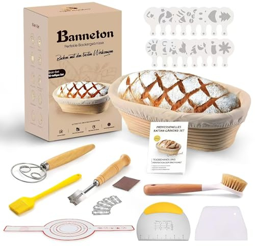 Kixiyou 10-teiliges gärkörbchen Brot Set, 25 cm gärkörbchen oval aus natürlichem Rattanund und brot backen zubehör,Ideal für Bäcker zu Hause & Profis brotback set