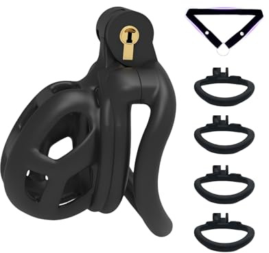 Chastity Cage Jouet Adulte Cage de Chasteté pour Pénis avec 4 Anneaux Courbés Différents Cage Chastetée en Résine Légère avec Ceinture et Serrure Cachée pour le Bndage du Pénis de l'Homme