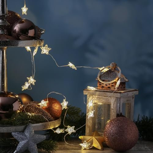 LED Lichterkette Sterne weiße Metallsterne Drahtsterne 20 LED Dekolichterkette Draht Weihnachtsdeko Weihnachtslichterkette Weihnachtsbeleuchtung für Innen Batteriebetrieb Timer (Weiß)