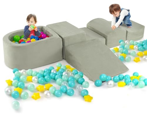 COSTWAY 5PCS Parcours Motricité Bébé en Mousse avec Piscine à Balles, Module Motricité Bébé avec Housse Lavable & Amovible, Jouets Éducatifs pour Ramper pour Enfants d'Âge Préscolaire, sans Balles