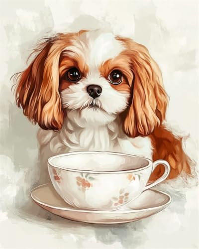 Taxpy DIY Paint by Numbers Kits（DIY Frame） 50x70cm Cartoon Dog and Teacup Paint by Numbers Set Coloring by Numbers Decorative Paintings for Adults Kids