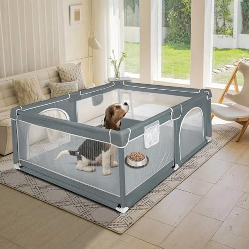 Welpenlaufstall mit Tür, Laufstall für Welpen oder kleine Hunde, robuster Zaun aus dickem Stoff und Netz aus Nylon, hohe Widerstandsfähigkeit, maschinenwaschbar, innen/außen, 120 x 160 x 66 cm