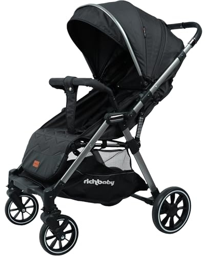 RichBaby Dash Pushchair - from Birth to 3 Years (15kg), Lightweight, Easy One-Hand Fold, Compact Stroller, Large Extendable Hood - Black