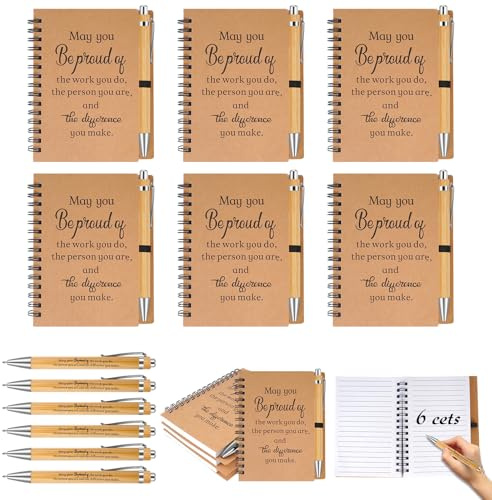 6 regalos de agradecimiento,cuaderno de espiral de papel kraft A6 con mensaje inspirador y 6 Bolígrafo de madera,Regalos de despedida, perfectos para amigos,compañeros de trabajo y miembros del equipo