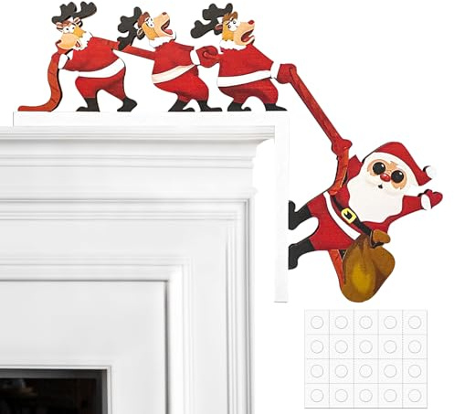 CAIXIANGYU Decoración Navideña de Madera para Puertas – Marcos y Esquinas con Papá Noel y Alce, Autoadhesivos​, Decoración Festiva navideña para Puertas (Madera)