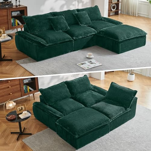 IKALIFE Boneless Modular Sectional Sofa - Comfy L-Shaped Corner Sofa With Deep Seat, Cloud Couch With Ottoman, 3/4 Seater Boneless Couch For Living Room Lounge, No Assembly Required, Green