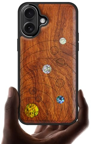 Carveit Magnetic Wooden Case for iPhone 17 Case, Wood Artisan Engraved & Handmade Shell Inlaid, TPU Shockproof Cover, Compatible with MagSafe Wireless Chargers (Solar System-Rosy)