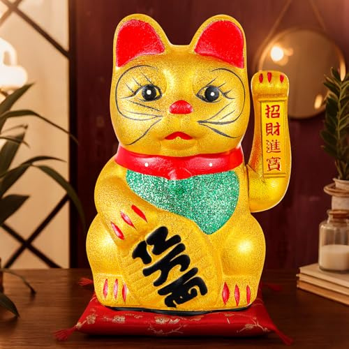 Suzile 1 Pcs 9'' Maneki Neko Lucky Cat Waving Arm Chinese Fortune Cat Feng Shui Statue for Lunar New Year Home Office Restaurant Shop Gifts Decor, Battery Operated (Battery Not Included)