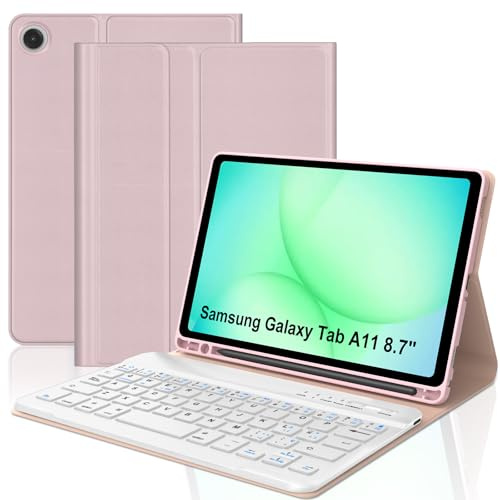 WAVATA Funda Teclado para Samsung Galaxy Tab A11 8.7'' 2025, Teclado España Ñ Bluetooth Desmontable para Samsung Galaxy Tab A11, Rosa