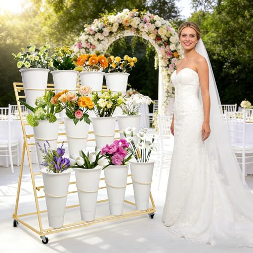 Flower Display Stands With Buckets, With 12pcs Buckets, 3-Tier Rolling Flower Bar,Heavy Duty Metal Flower Cart,For Indoor/Outdoor Use, Wedding Decor & Florist Displays (A - Gold frame, white bucket)