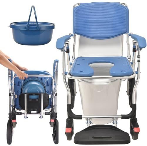 Chaise percée de toilette avec roulettes verrouillables, siège rembourré, design pliable pour personnes handicapées et personnes âgées, chaise de transport de chevet roulante
