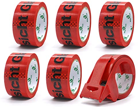 BOMEI PACK Paketklebeband Vorsicht Glas mit Plastik Abroller, Paketband für Zerbrechliches Paket, 50mm x 66m je rolle, 6 Rollen