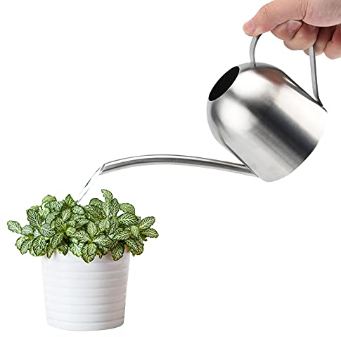 Saicowordist 17.6OZ / 500ML Indoor Plant Watering Can Small, Ornate Stainless Steel Metal Long Spout Bonsai Mini Watering Can, Watering Pot for Indoor&Outdoor Plant(Silver