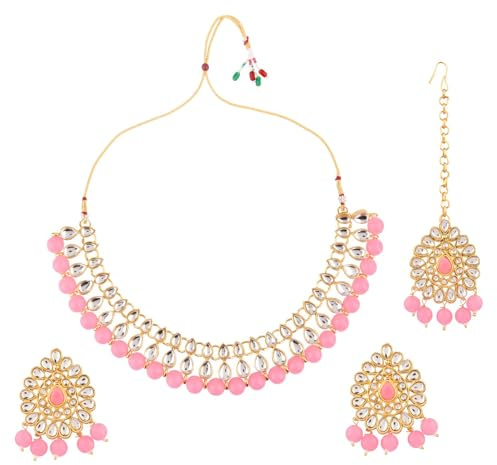 Efulgenz Kundan Necklace Indian Jewelry Kundan Faux Pearl Necklace Set Bollywood Wedding Choker Necklace Earrings Maang Tikka Bridal Set for Women