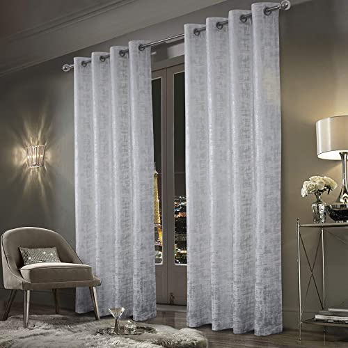 always4u Vorhänge mit Muster Silber Blickdicht 100%, Samt Vorhang Wohnzimmer, Vorhang Verdunkelung Kurz mit ösen, Stoff Glänzend Eleganter, Weiß 2er Set 245x140cm