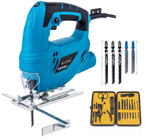 Electric Jigsaw KATSU 400W with 5 Blades and Small Gift, Variable Speed, for Plastic Wood Steel Cutting