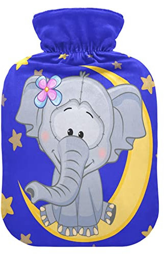 YOUJUNER Hot Water Bottle with Cartoon Elephant Moon Star Cover 1 Litre Large Hot Water Bag Warm Comfort Hand Feet Warmer