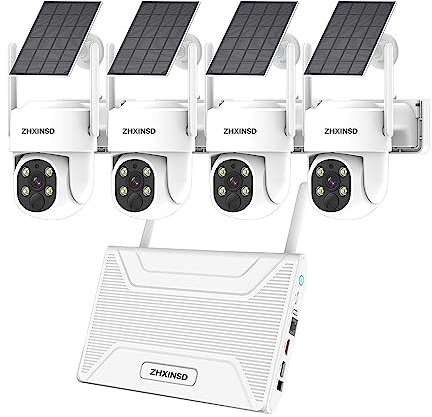 ZHXINSD PTZ Security Cameras Wireless Outdoor Solar Powered, Pan Tilt 360 View 10 CH Ultra 4MP Home Security Camera System with 4 Cameras Human Detection Two Way Audio Color Night Vision 64G Storage