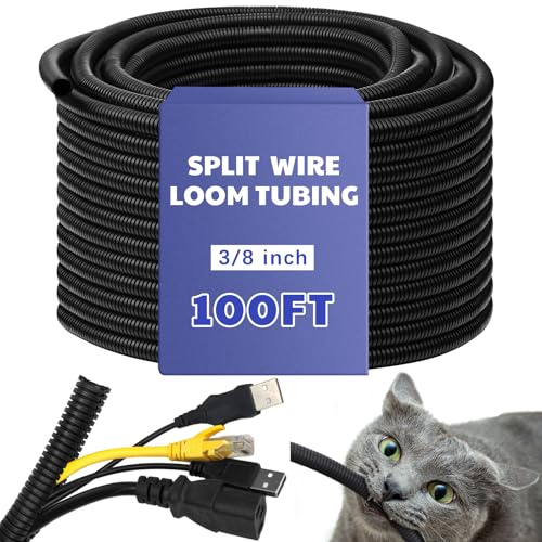 Kanayu Split Flame Retardant Wire Loom High Temperature Cable Conduit Split Cable Sleeves Loom Tubing Auto Wire Conduit for Industrial Electrical Automotive Marine(3/8''-100 ft,Black)