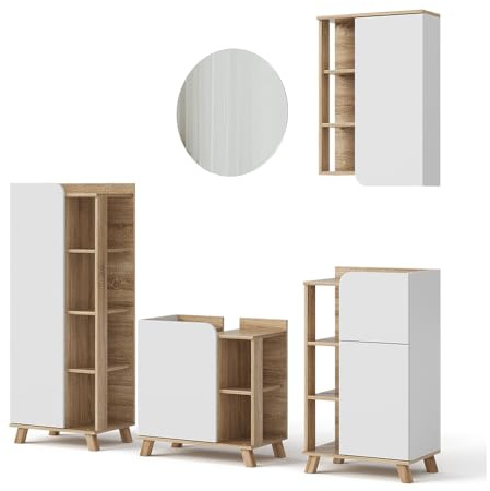 Vicco Set di mobili da bagno Karen, Sonoma/Bianco, 60 cm, composto da mobile lavabo, specchiera, armadietto, colonna e pensile