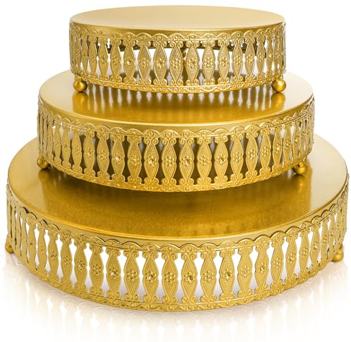 Goaste 3 Pack Metal Gold Cake Stand, 8/10/12 Inch Round Cupcake Stands Set, Dessert Pastry Display Stand Plate, Vintage Display Risers for Wedding, Birthday, Party, Anniversary, Events, Table Decor