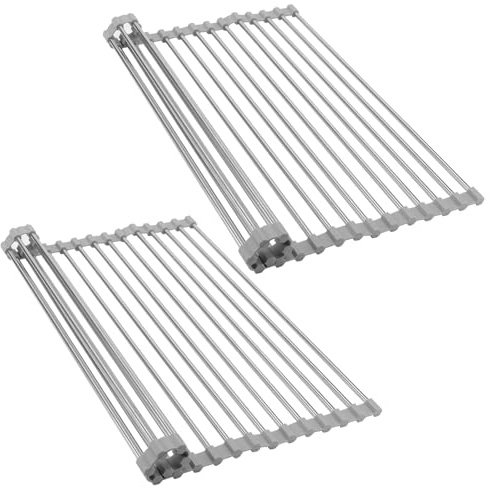 MOUYAT 2 Pack Roll Up Dish Drying Rack, Over Sink Drainer Rack, 304 Stainless Steel Foldable Drainer Rack for Kitchen (43 x 35cm)