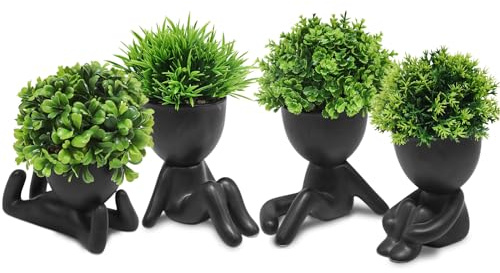 MAKHOT Niedliche künstliche Mini-Sukkulenten mit kreativen, menschlichen Töpfen, kleine künstliche Pflanzen für Regal, Schreibtisch, Tischplatte, Büro, Heimdekoration, Schwarz, 4 Stück