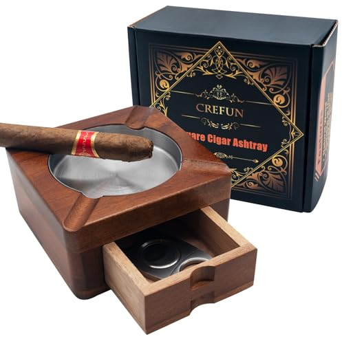 Crefun CK4831 - Posacenere in legno per sigari con 4 slot e cassetto rimovibile, design compatto per auto/ufficio/golf, accessori per sigari da uomo per papà e marito