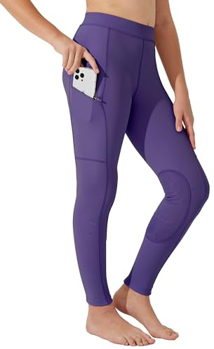 WILLIT Pantalon d'équitation pour enfants filles Leggings d'équitation avec renfort aux genoux Pantalon d'équitation jeunesse Été Respirant élastique avec poches, lilas, XL