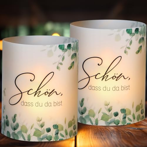 BETESSIN 12x Windlichter Tischdeko Hochzeit - Schön DASS du da bist - Lichthülle im Eukalyptus Design - Windlicht Tischdekoration für Geburtatsg, Hochzeit, Taufe, Babyparty, Konfirmation UVM.