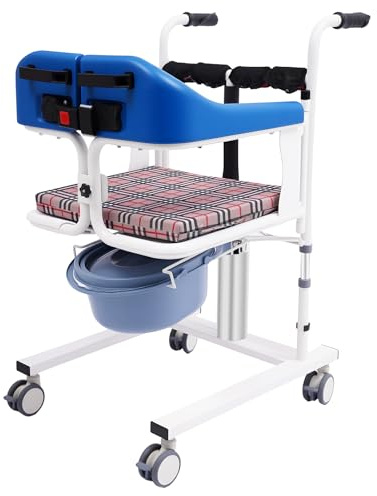 Patientenlift, Toilettenstuhl mit Rollen für Senioren, Dusch Toilettenstuhl, Duschstuhl mit Toiletteneimer & Fußstütze, Nachtstuhl für Erwachsene Blau, Fahrbar, Höhenverstellbar, 200kg Tragfähigkeit