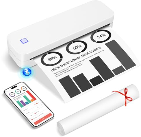 GuKKK Tragbarer Thermodrucker A4, kleiner Thermodrucker mit Bluetooth, mobiler kabelloser Drucker, unterstützt Thermodrucker A4 210 x 297 mm, kompatibel mit Android iOS für Büro Studio (Weiß)
