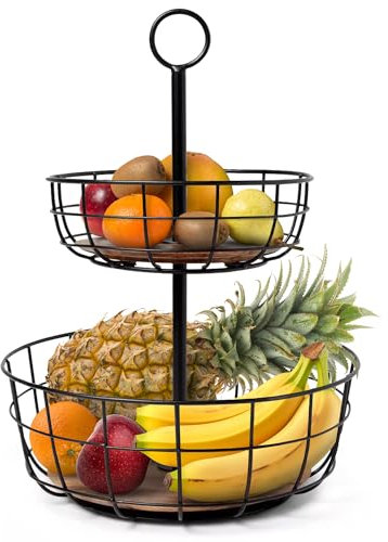 LUXITS 2-Tier Fruit Basket Stand – Stylish Fruit Holder for Kitchen Countertop, Large Fruit and Vegetable Storage Organizer, Two Tier Fruit Basket for Kitchen