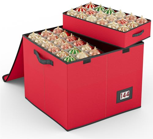 Mutool Christmas Bauble Storage Box With Dividers, 144 Compartment Xmas Ornament Storage Container with 8 Tray, Large Christmas Storage with Flip-Top Lid, Perfect for Holiday Decorations (Red)