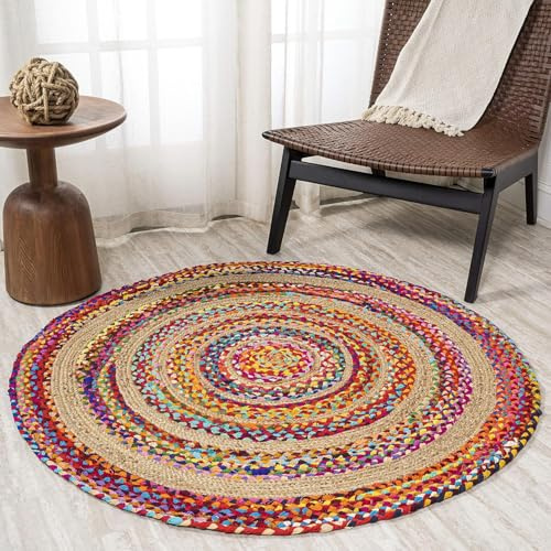 HandloomBazzar Alfombra tejida a mano de fibras naturales de yute trenzada a mano, bohemia, respetuosa con el medio ambiente, para dormitorio, cocina, sala de estar, granja (natural multicolor, 3 x 5