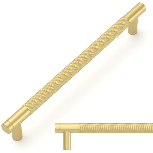 Amerdeco 10 Stück Mattes Gold Gerändelte Schrankgriffe 192mm Lochabstand, Aluminium Griffe für Küchenschränke & Möbelgriffe für Schubladen